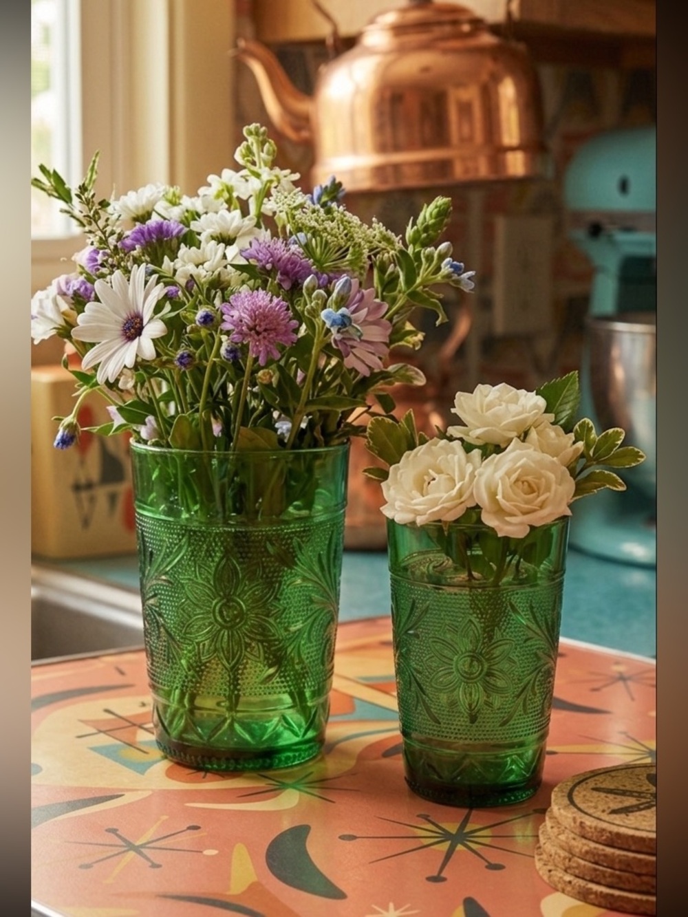 Vintage Anchor Hocking Emerald Green Floral Embossed Glasses Set of 2